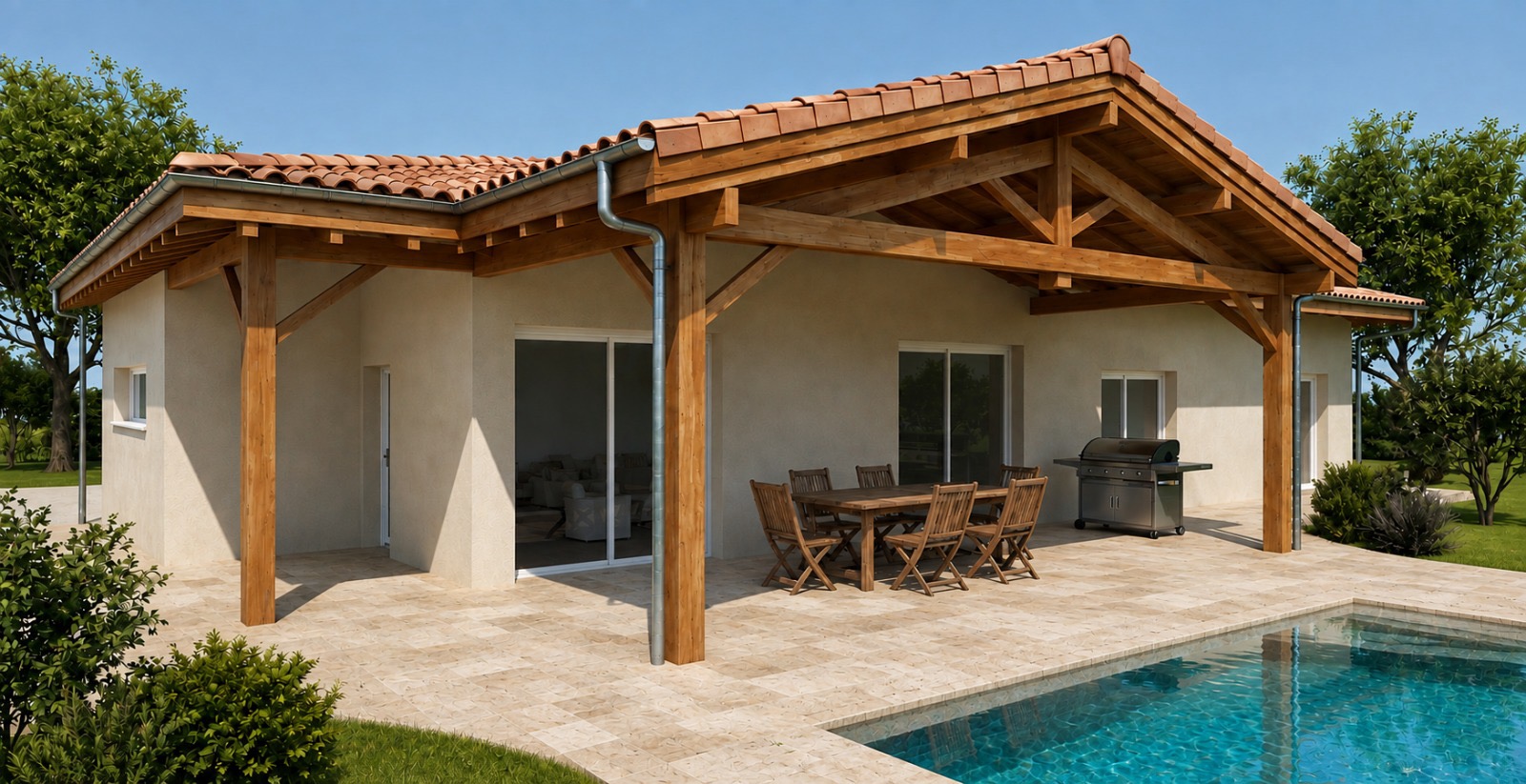 Maison de plain-pied avec terrasse couverte en bois
